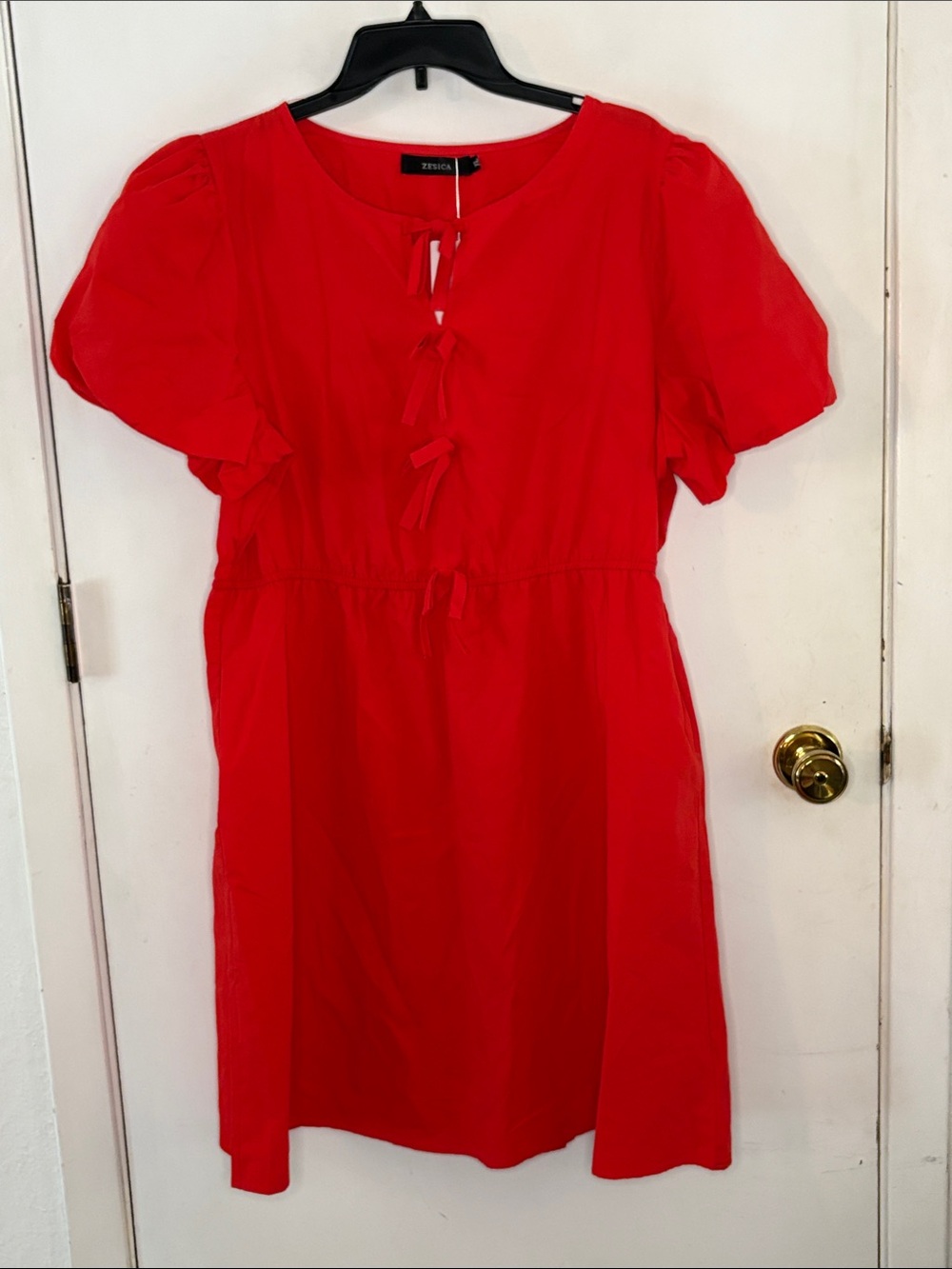 Zesica red short puffy sleeve dress tie accents elasticized waistband Size XL